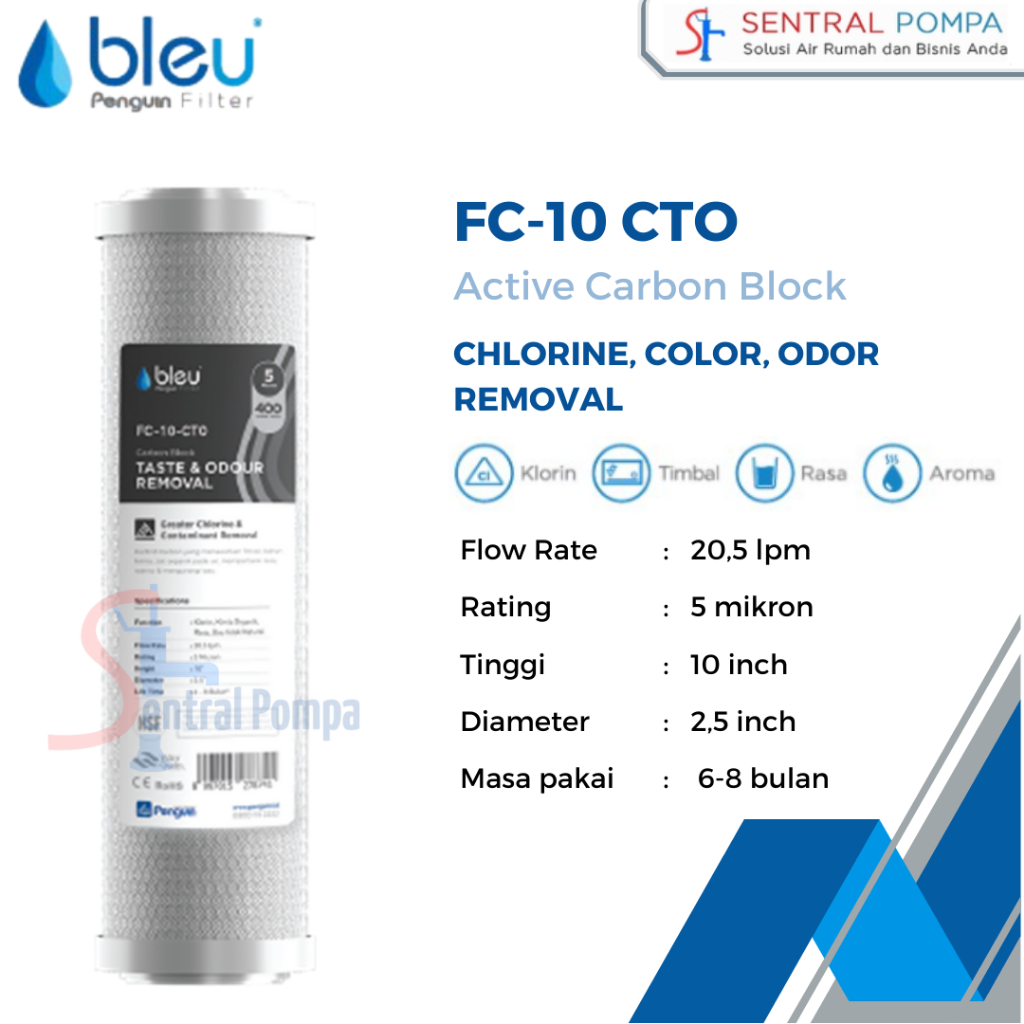 Cartridge Filter Katrid Saringan Air Penguin Bleu 10" FC-10 CTO Active Carbon Blok refill Filter | S