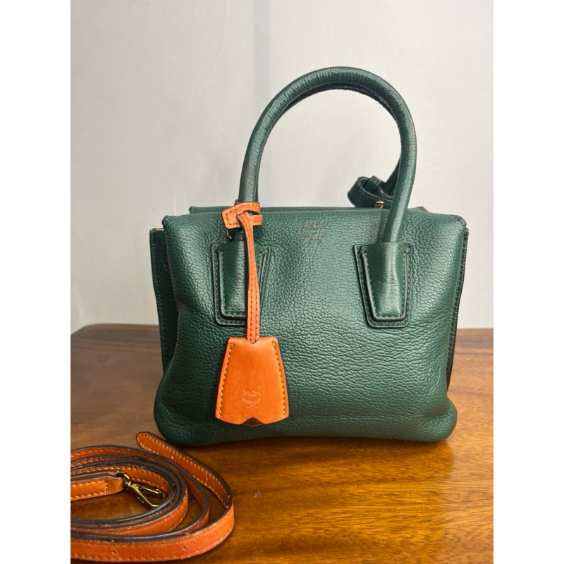 MCM Mini Milla Pebbled Leather Forest Green Magnetic Sling Bag & Handbag