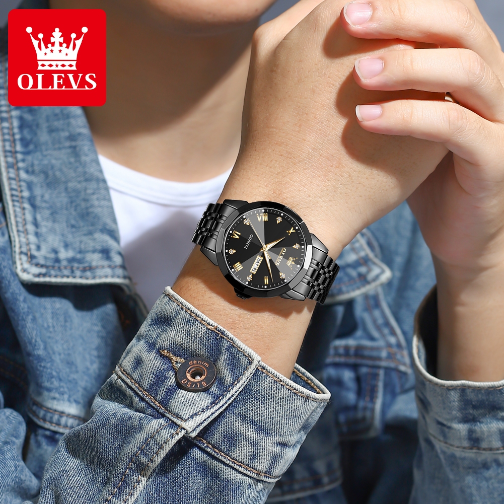 best seller olevs jam tangan pria kalender hitam putih stainless steel rantai luxury original watch