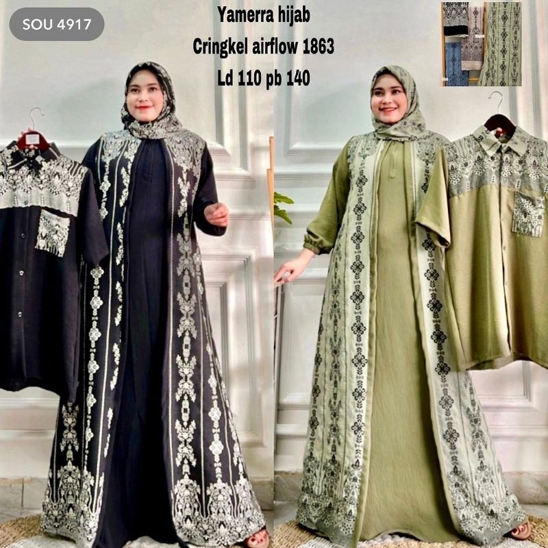Gamis coupel set hijab kode yamerra bahan kringkel baju muslim set hijan syari ayah dan ibi ld 110cm