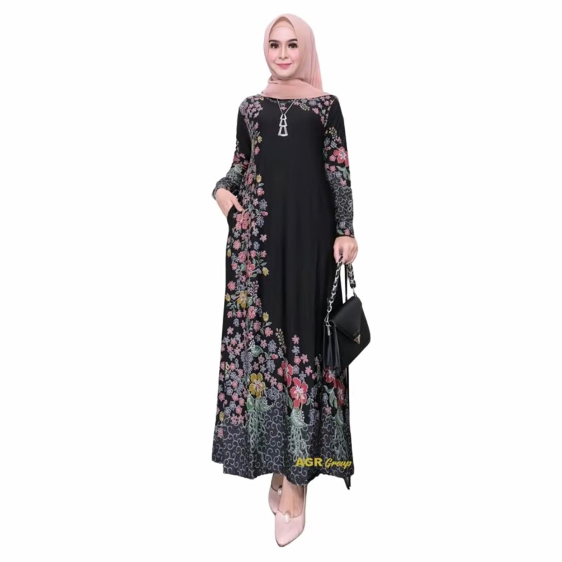 Hibiskus standart gamis terbaru bahan calvin jeans LD 98-126 cm PJ 130 cm Kantong kanan kiri