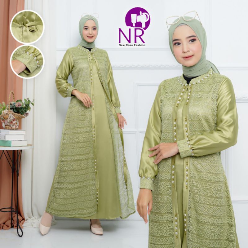 Gamis Lebaran terbaru model cardigan bahan brukat kombinasi roberto