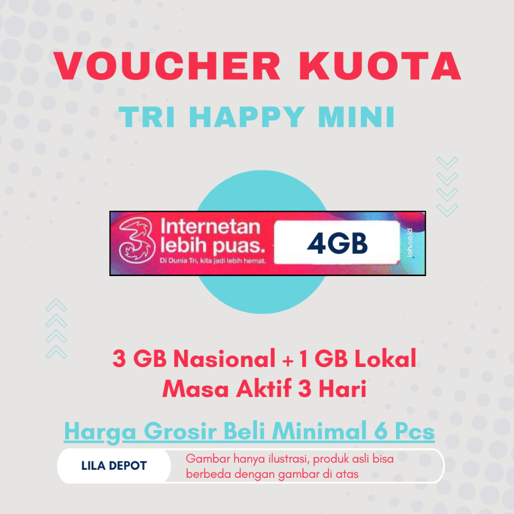 Voucher Data Fisik Tri/Three/3 Happy Mini Kuota Nasional 3 GB + 1 GB ; Masa Aktif 3 Hari: Harga Gros