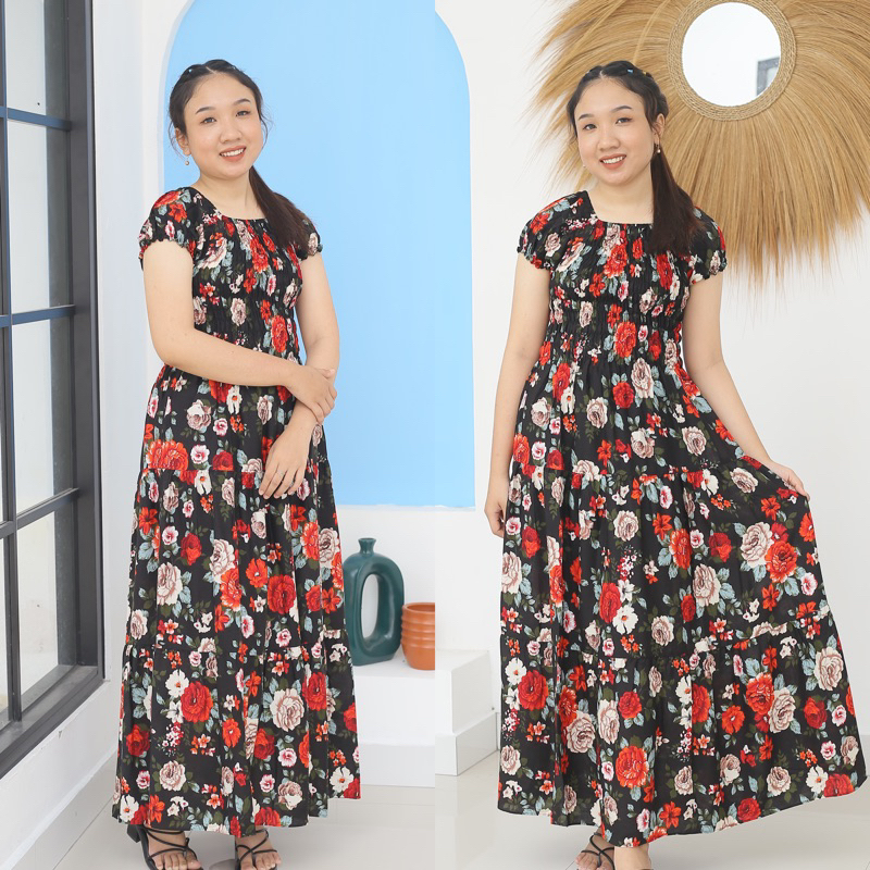 Longdress Canda Kerut Dada | Daster Panjang Smok | Daster Bali Mawar | Daster Kekinian Remaja Anak M