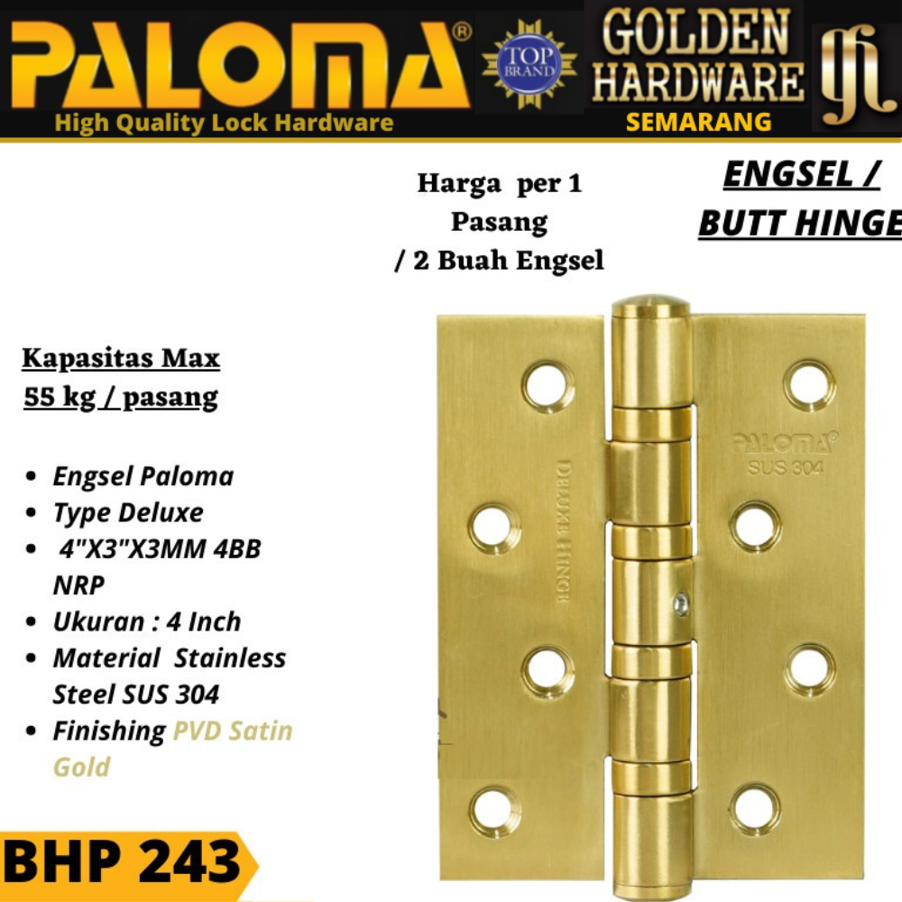 Engsel Pintu BHP 243 PALOMA 4 Inch 4"x3"x3MM 4BB NRP SATIN GOLD