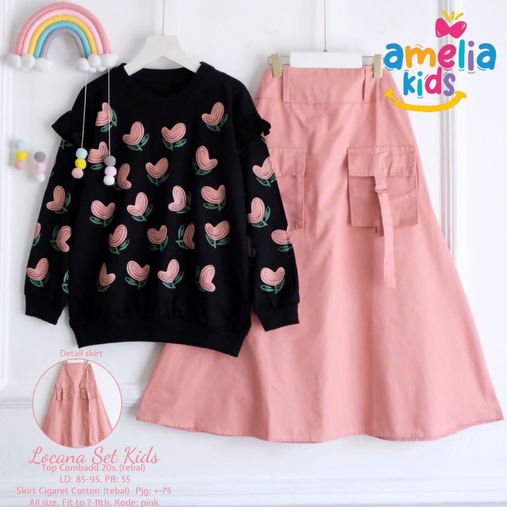 [AMELIA KIDS] LOCANA SETROK SETELAN ANAK SET KIDS ONE SET SKIRT ROK KARGO KIDS SETELAN KAOS REMAJA T