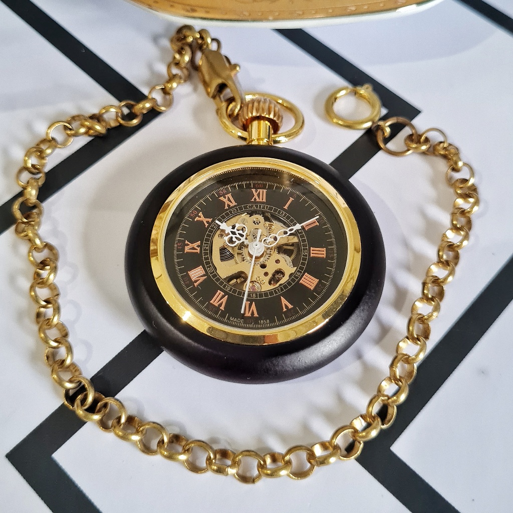 POCKET WATCH Stark Jam Saku Kantong Open Face Automatic Otomatis Mechanical Mekanik Skeleton Tanpa B