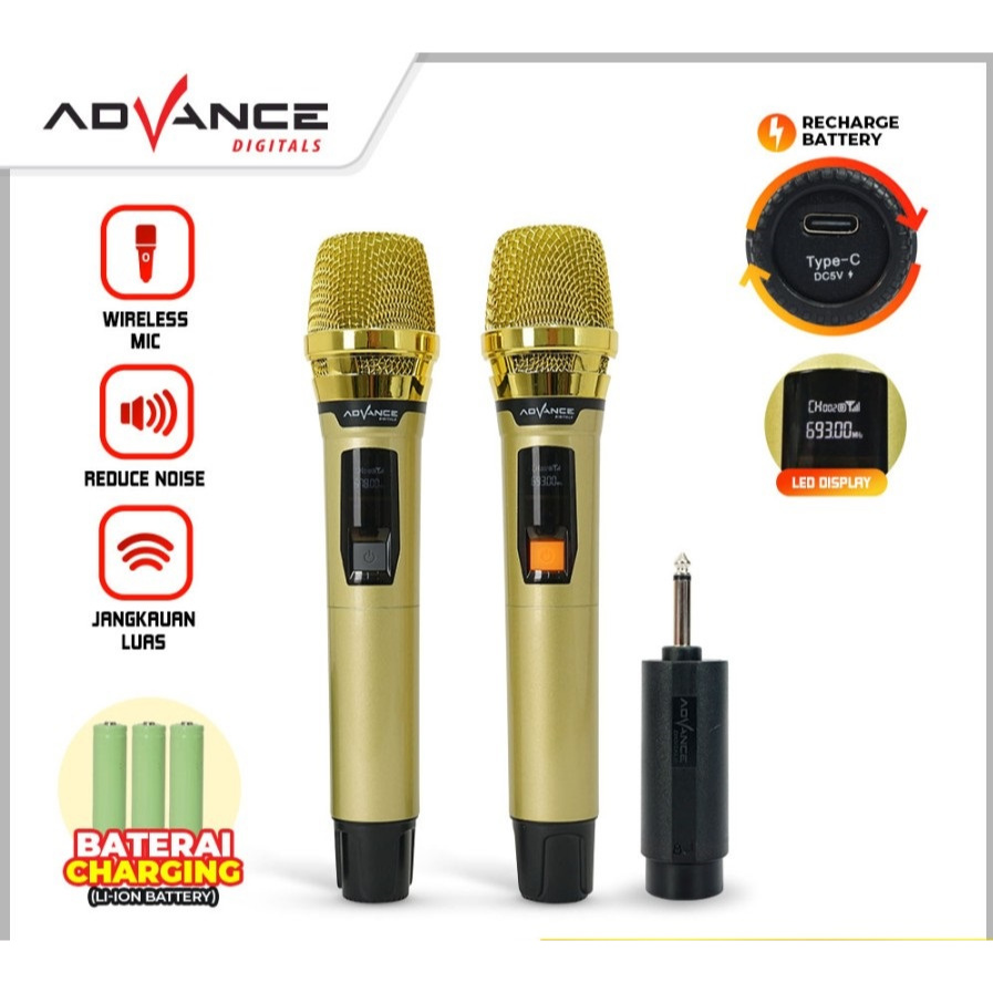Mic Wireless Advance Microphone Tanpa Kabel Isi 2 Gold Dicas Original