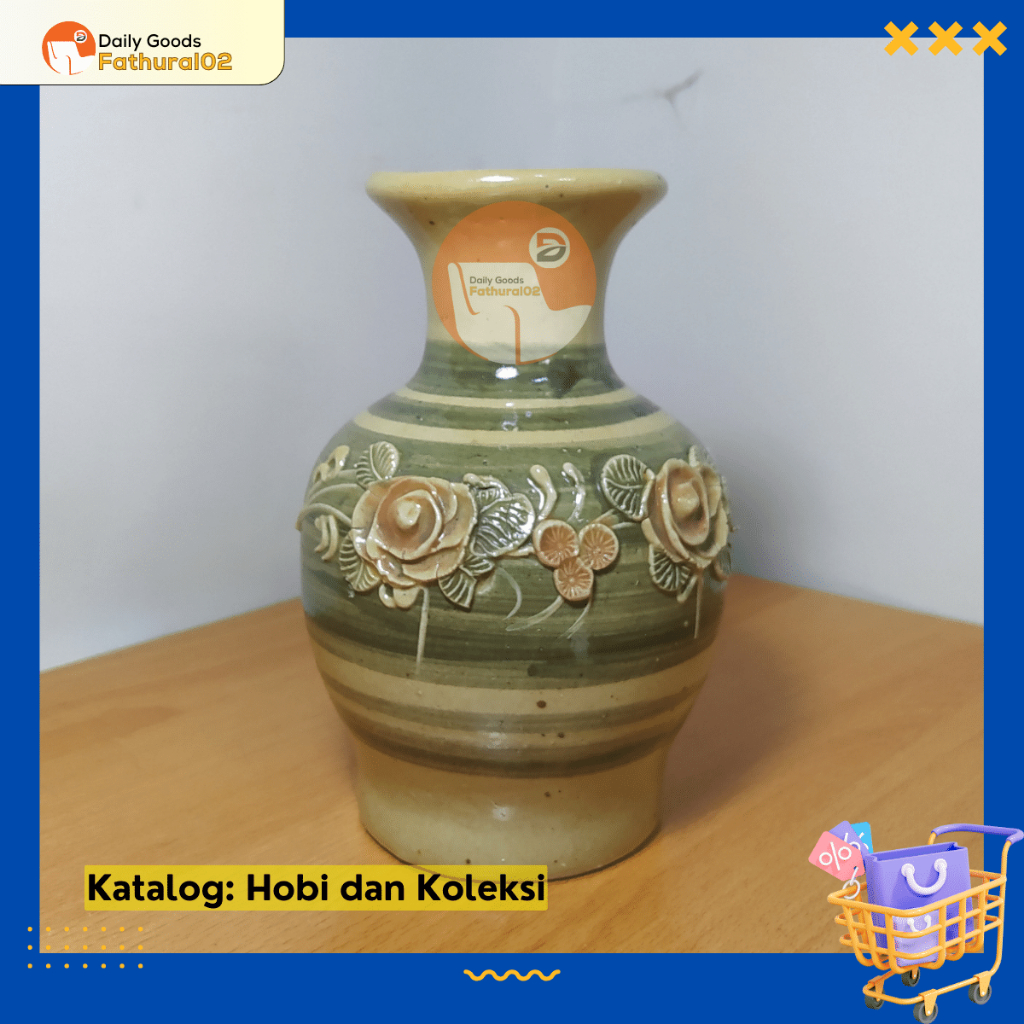 Guci Keramik Antik Hiasan Rumah Model Vas Bunga Motif Garis Bunga-Bunga Second Preloved