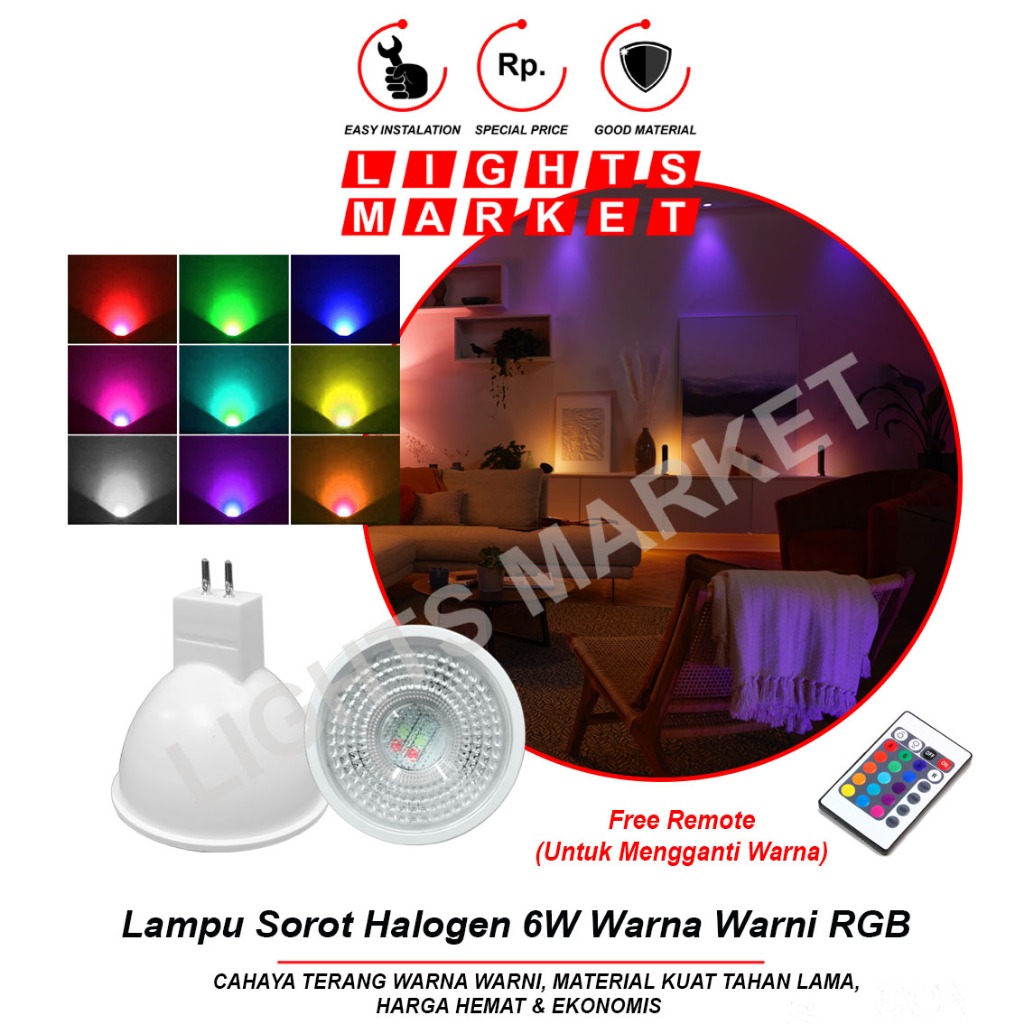 Spotlight RGB MR16 6W - Lampu Sorot Fitting Tusuk Warna Warni Plus Remote