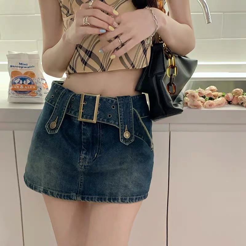 Termasuk sabuk Rok Hot Girl Denim Skirt Wanita High Waist Retro A-line Kulot Termasuk Sabuk