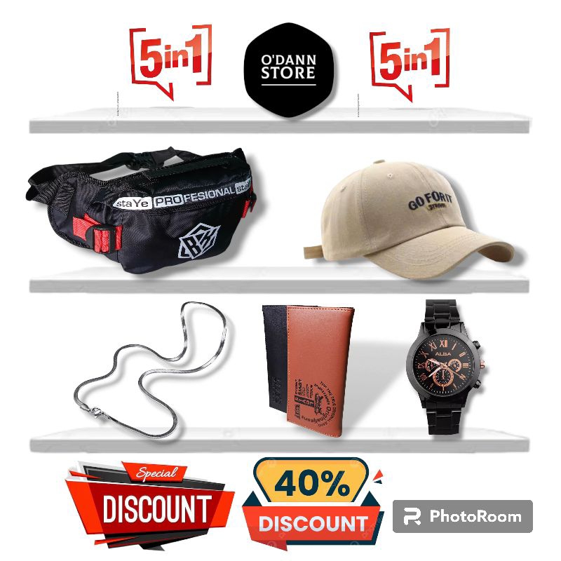 PAKET 5IN1 COWO- WAISBAG TERBARU TOPI TRACKER KALUNG TITANIUM DOMPET PANJANG JAM ALBA RANTAI