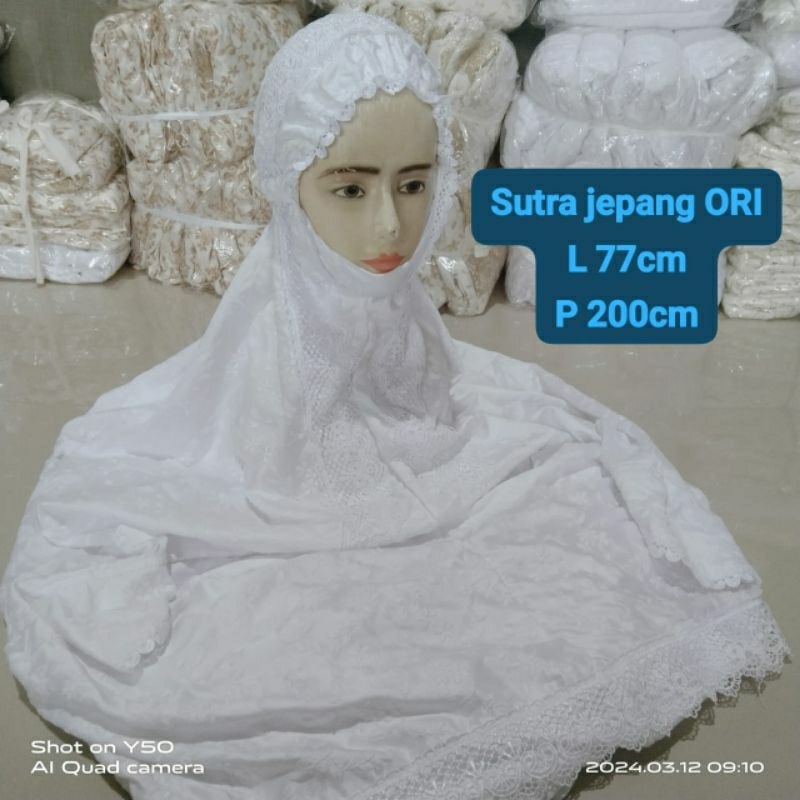 mukena terusan remaja sutra jepang ori aplikasi renda