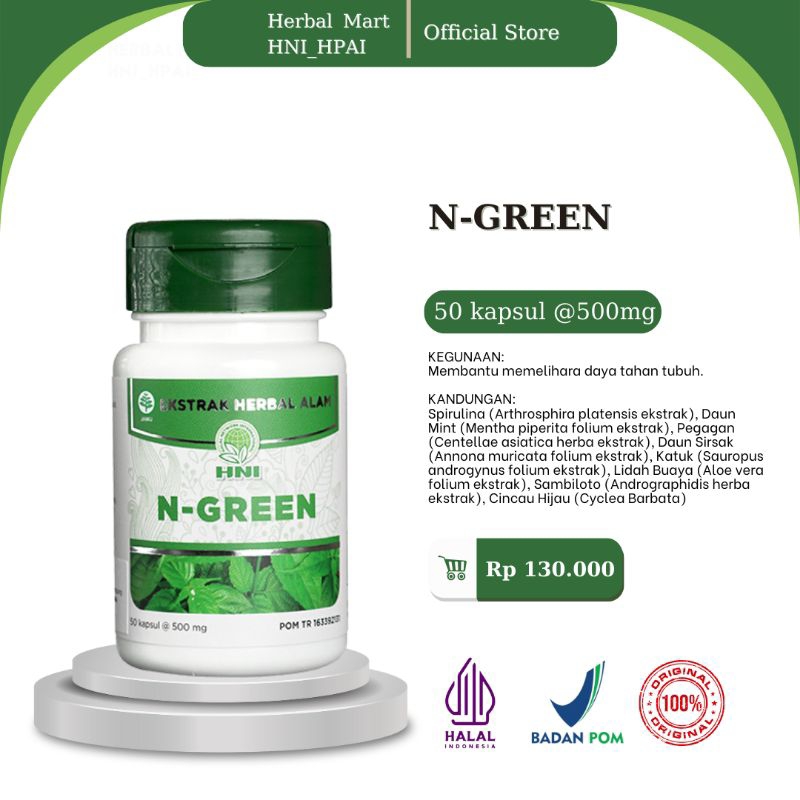 Herbal Mart _ HNI.HPAI (100% Produk Original) N-Green HNI_HPAI isi  50 kapsul Membantu memelihara daya tahan tubuh.