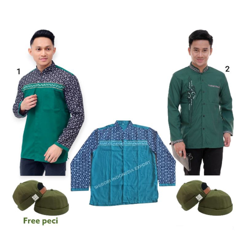 BAJU KOKO KOMBINASI LENGAN PANJANG HIJAU BOTOL FREE PECI