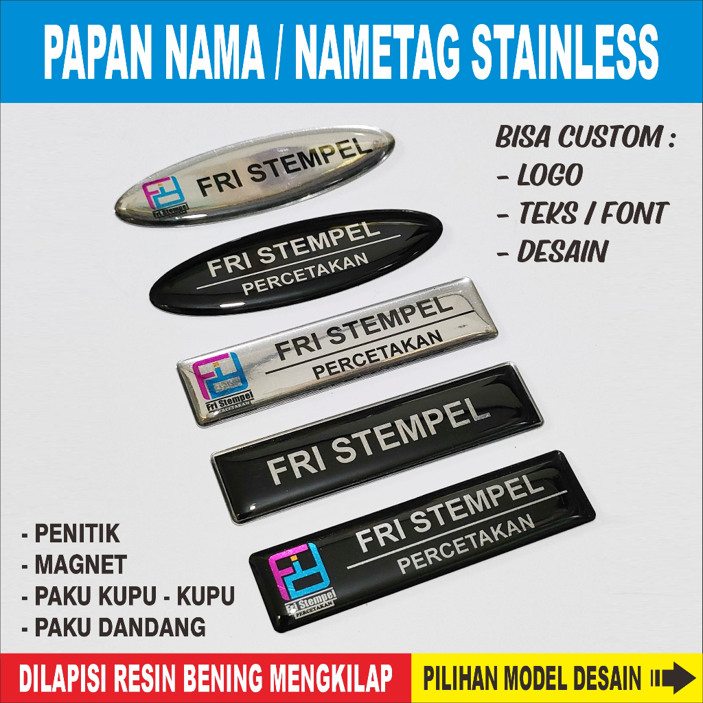 

Papan Nama Custom - Nama Dada Stainless Silver Lapis Resin Bening