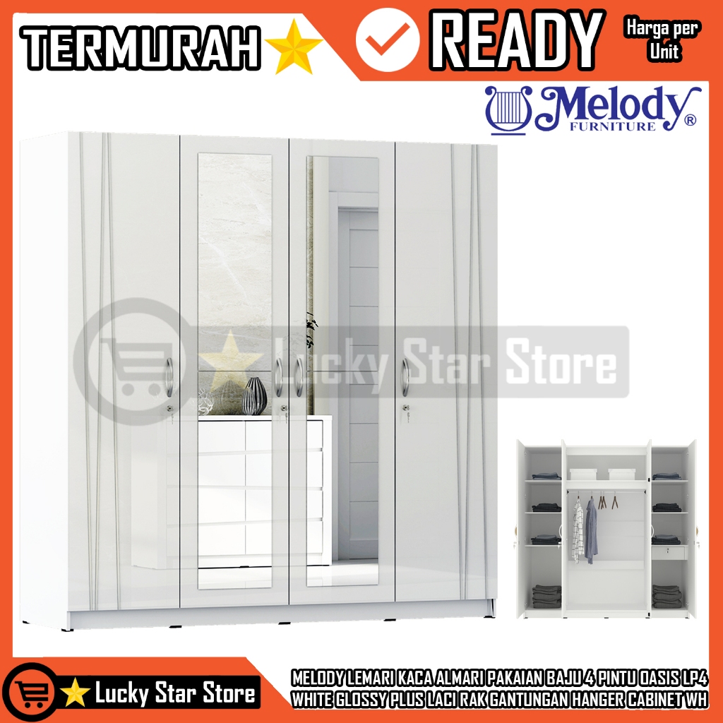 [KARGO] MELODY LEMARI KACA ALMARI PAKAIAN BAJU 4 PINTU OASIS LP4 WHITE GLOSSY PLUS LACI RAK GANTUNGA