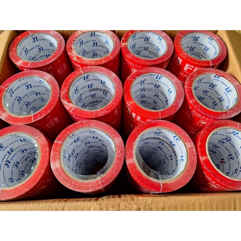 

72ROLL (1DUS/1KARTON)LAKBAN FRAGILE MERAH&PUTIH 48x100 YARD DAN 72 YARD (1KARTON/ 1 DUS ISI 72 ROLL)