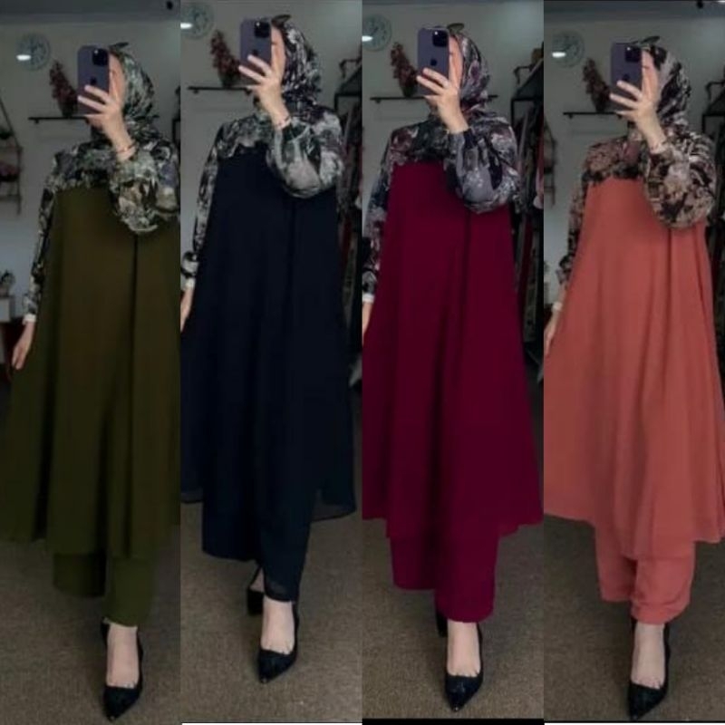 . AISYAH Setelan Baju Long Tunik Wanita Terbaru Viral 2023 Sudah Termasuk Hijab Mewah Busana Muslim Atasan dan Bawahan modern Simple Elegan Kekinian