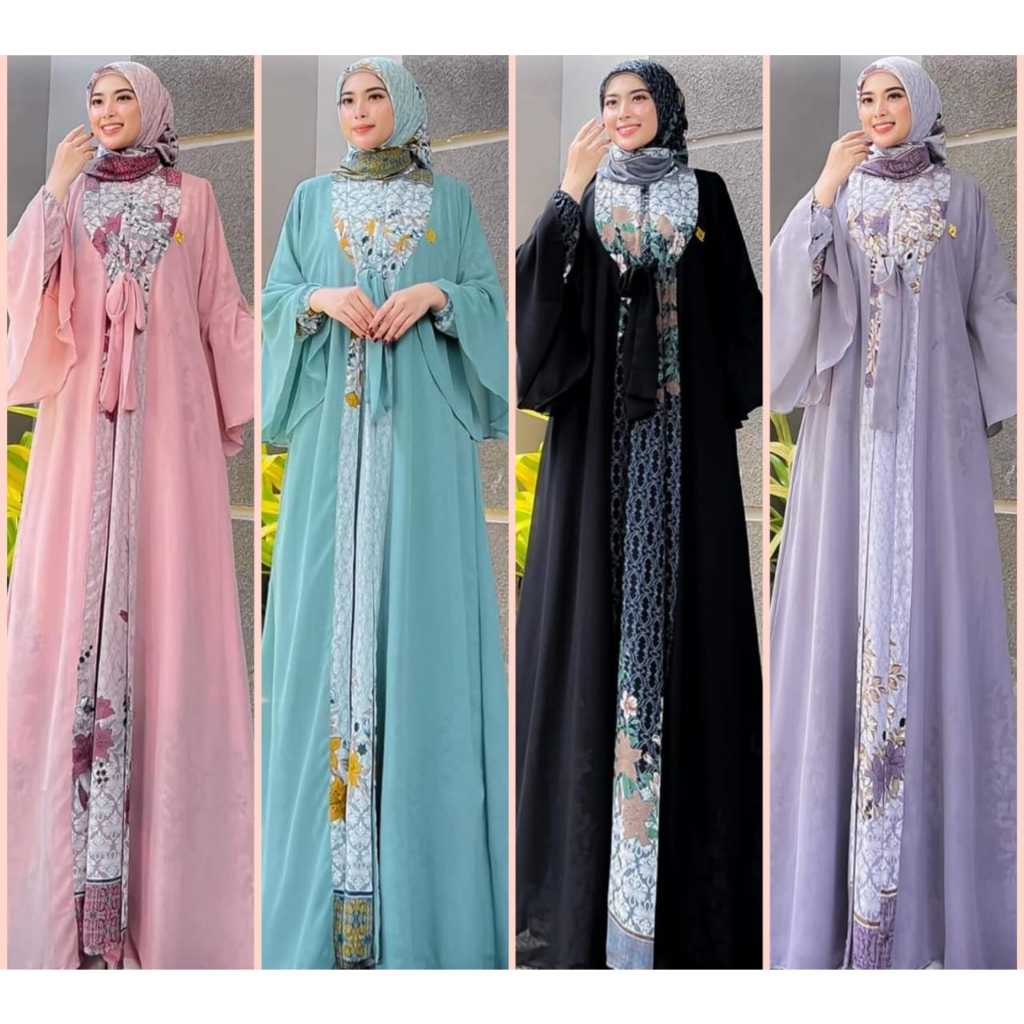 Set 3in1 Inner Dress Gamis, Outer, Hijab Segiempat Ceruty Babydoll Motif Polos Bunga