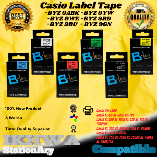 

Compatible Label Tape Casio BYZ 9ABK, BYZ 9WE, BYZ 9BU, BYZ 9YW, BYZ 9RD, BYZ 9GN ( 1 Paket 6pcs )