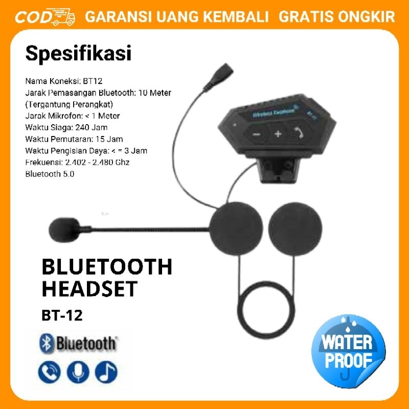 { COD } BT 12 Headset Bluetooth 5.0 Tahan Air Interkom Untuk Helm