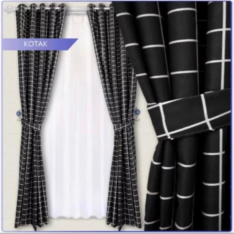 gorden tirai pintu jendela minimalis motif kotak hitam 12 smokering murah