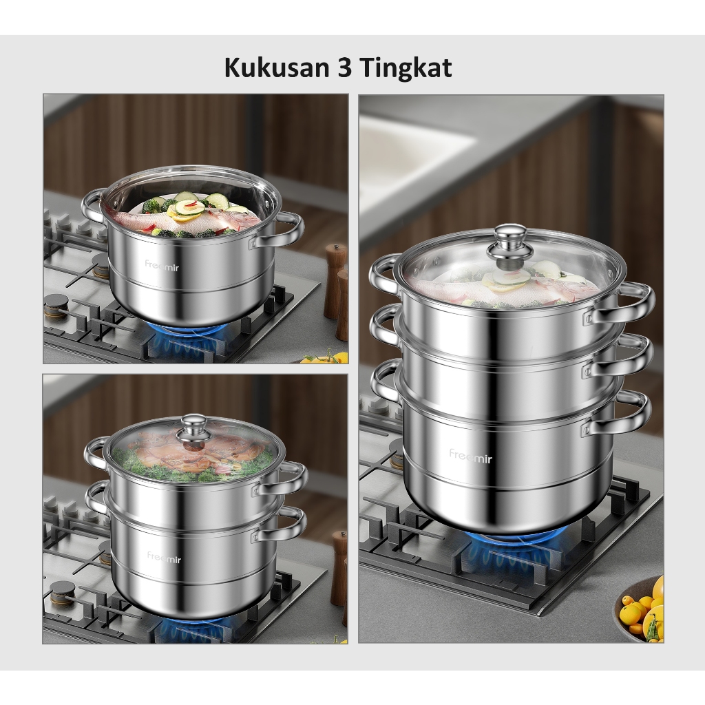 [LIVE TERBATAS] FREE PIRING DISPOSABLE 10PCS freemir Panci Kukus 3 Susun Tutup Kaca Kukusan Stainless Steel Tebal Steamer Pot 4Liter