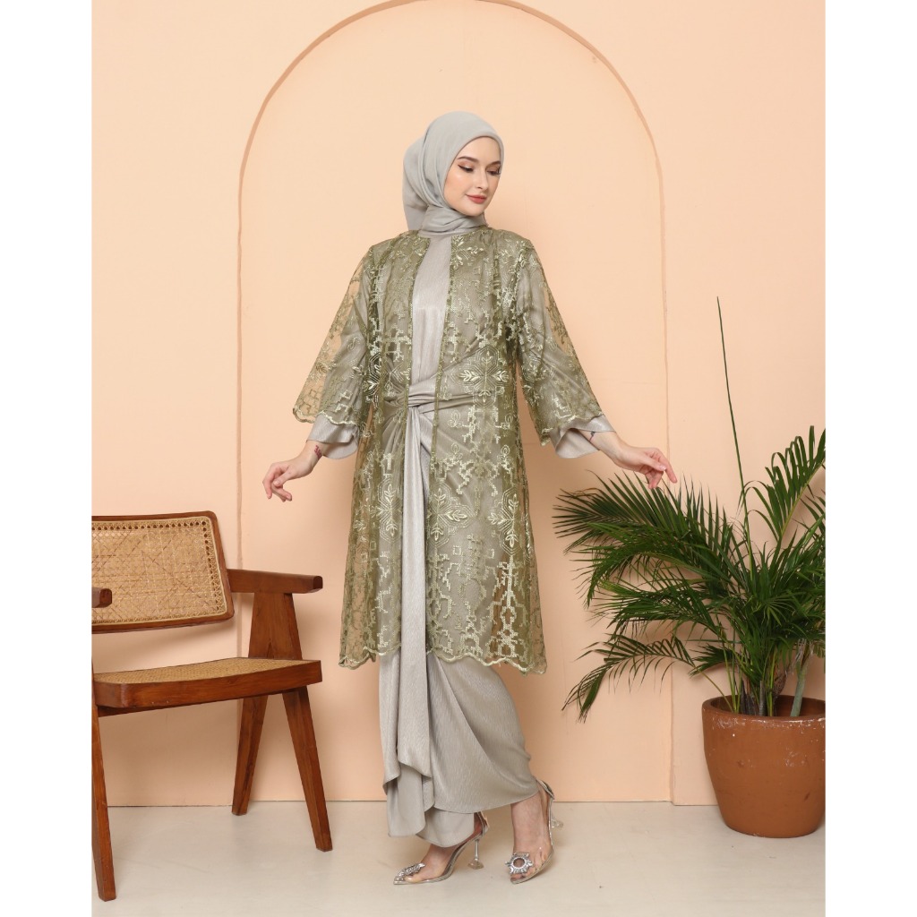 Aghnia Olive Dress - Gamis Wanita - Hijau - Satin, Lace - Dress Lebaran by Sabeen&co
