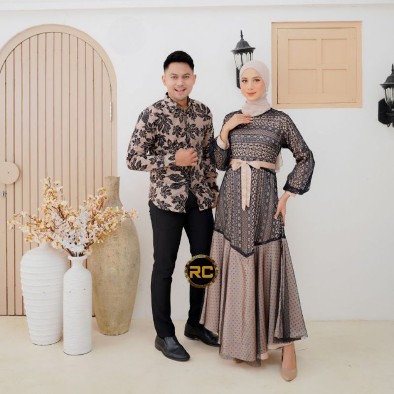 Risqhi Collection Couple Gamis Batik Kombinasi Maxmara Brukat Hitam