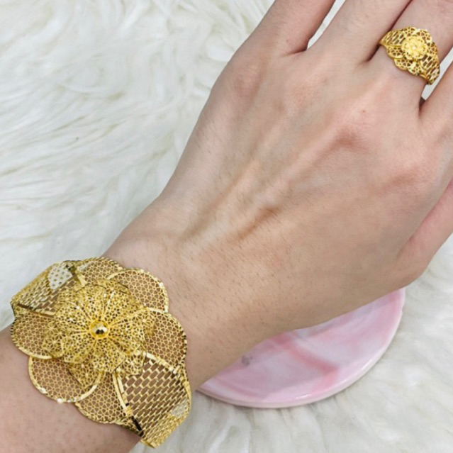 gelang plus cincin bunga kerawang murah elegant emas asli kadar 700