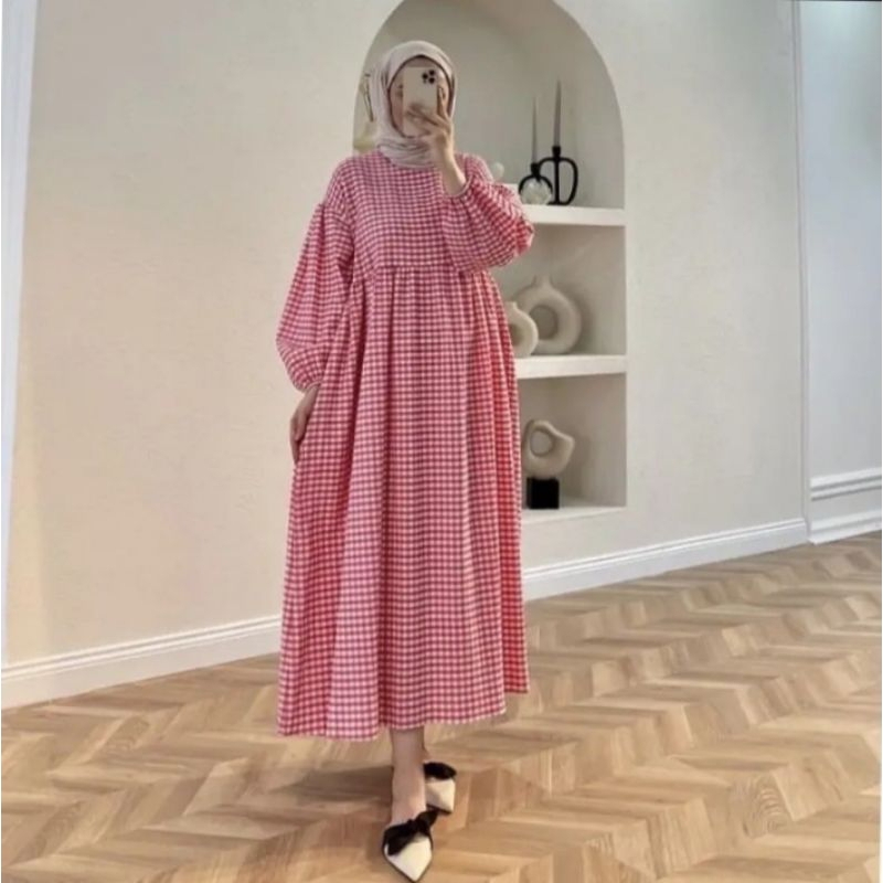 TUNIK MIDI DRES WANITA TERBARU LENGAN PANJANG BAHAN KATUN KOTAK TERLARIS