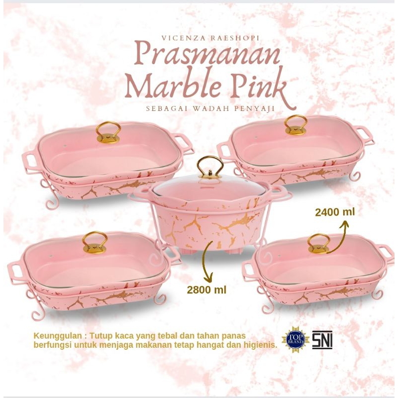 Vicenza Prasmanan Set 4 Wadah Persegi dan 1 Bulat motif Marmer Warna Putih/Pink/Hitam BM680 + BM681