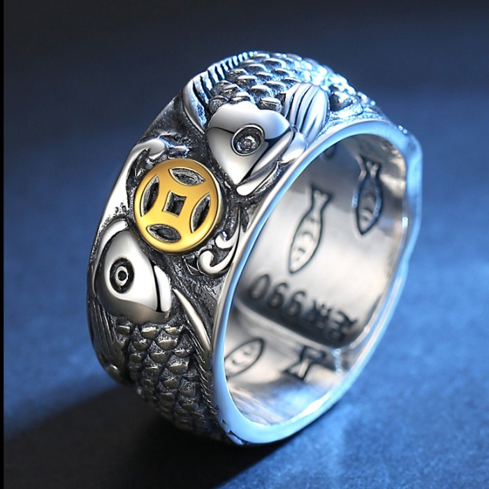 Cincin Ikan Koi Koin / Cincin ikan ganda koin emas / Silver Gold Koi Fish Copper Coin Men Open Ring 