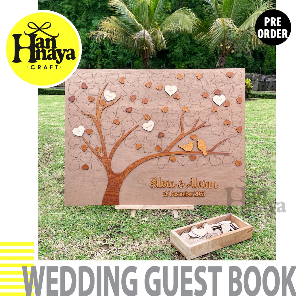 PO Wedding Guest Book 80 x 60 cm / Buku Tamu Pernikahan / Frame Pohon Hati / Wooden Tree Love Heart 