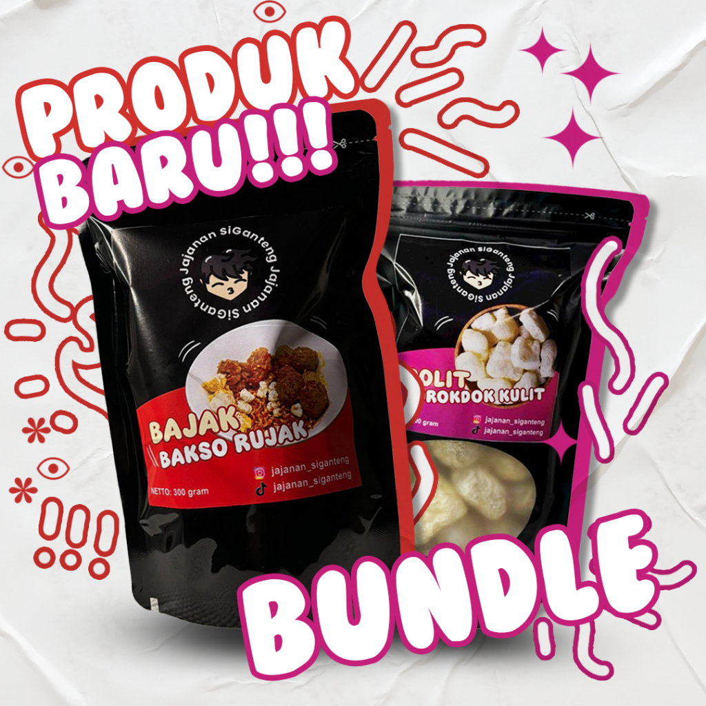 

Bundle Produk baru jajanan si ganteng Dolit (dorokdok kulit) dan Bajak ( bakso Rujak)