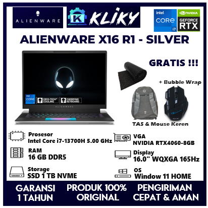 Laptop Gaming Alienware X16 R1 Intel Core i7 13700H Ram 16Gb Ssd 1 TB RTX 4060 8GB Layar 16 WQXGA 165Hz Silver