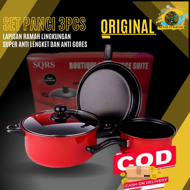 Panci Wajan Set Isi 3 Pcs SQRS Panci Teplon Presto Wajan Anti Lengket 1 Set Bahan Teflon