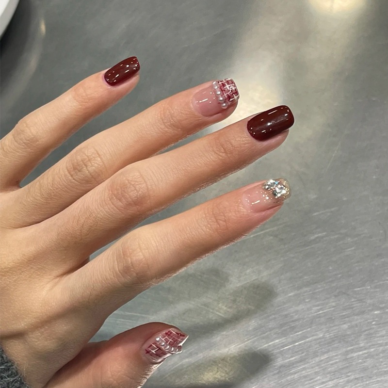 PSBY1183 - 24 Pcs Kuku Palsu Free Lem, Motif Pendek Maroon, Wedding Nails Fake Nail Art 3d Kuku Pals