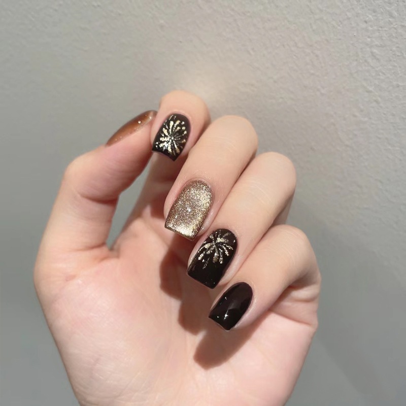 PSBY1254 - 24 Pcs Kuku Palsu Free Lem, Motif Pendek Fireworks, Motif Pendek Hitam, Wedding Nails Fak