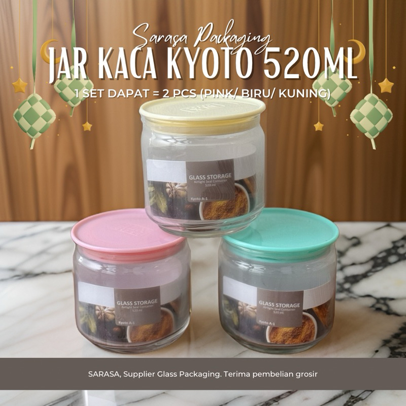 (2 PCS) Jar Toples Kaca 520ml 520 ml tutup Plastik pink biru cream airtight seal wadah packaging kem
