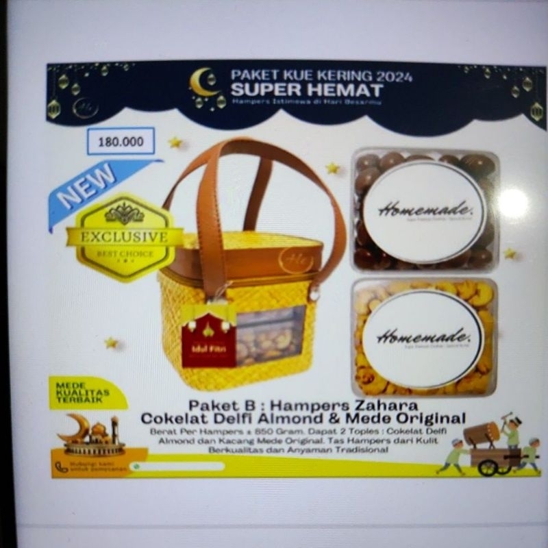 

Paket B: Hampers Zahara Coklat Delfi Almond & Mede Ori