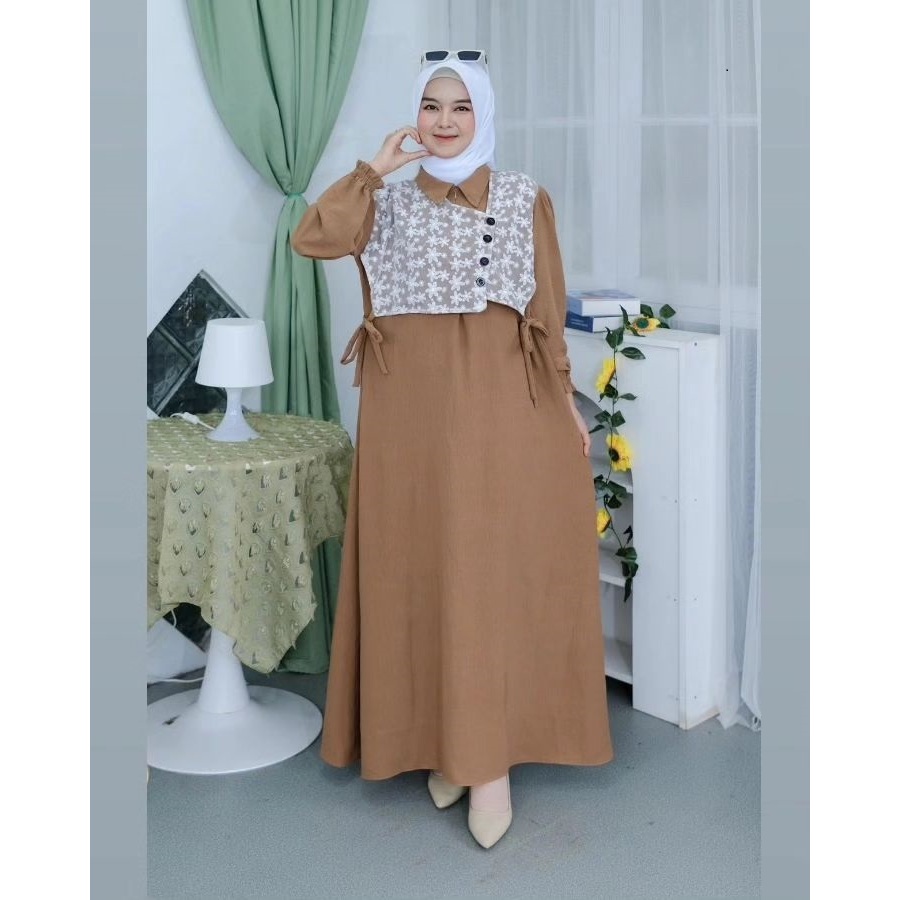 SYIRA DRESS Gamis Model Terbaru 2024 Gamis Lebaran Bahan Crinkle Mix Brukat Bordir Dress Lebaran Vin