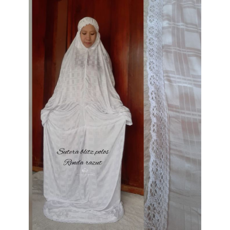 Mukena SUTRA BLITZ dewasa terusan lajuran adem lembut renda zipp  putih simpel elegan cantik