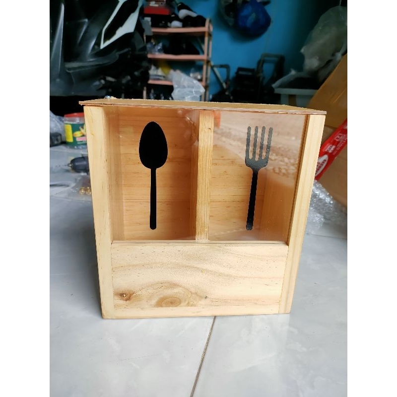 Rak sendok garpu tertutup/tempat sendok estetik/cutlery holder tempat sendok garpu sumpit kayu acryl