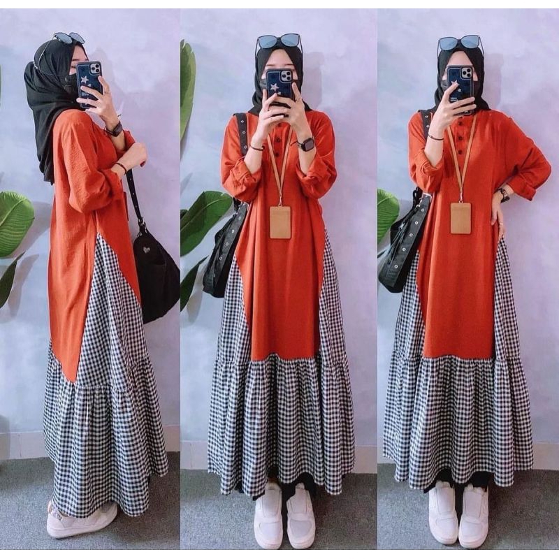 NAMITA DRESS  - Bahan Crincle premium kombinasi katun kotak premium - Tangan panjang, bisa digulung 