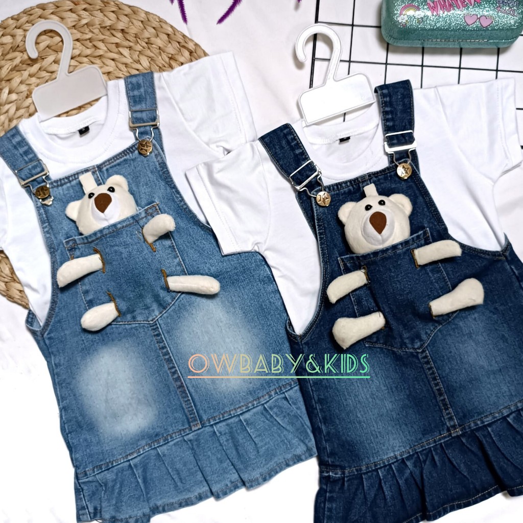 ONE SET OVERALL ANAK RENDA BONEKA /OVERALL ROK JEANS ANAK PEREMPUAN /KAOS ANAK PEREMPUAN Usia 6bulan