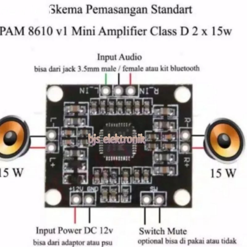 modul kit amplilifier PAM 8610 class D mini streo 2x15 W 6_12V