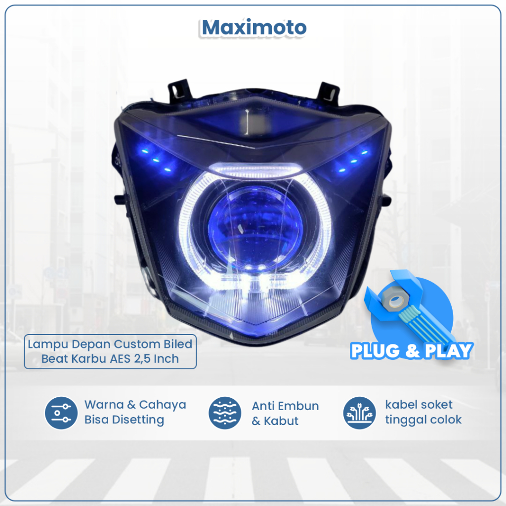 Lampu Depan Custom Biled Beat Karbu AES 2,5 Inch Headlamp Motor Hemat Energi Pencahayaan Maksimal