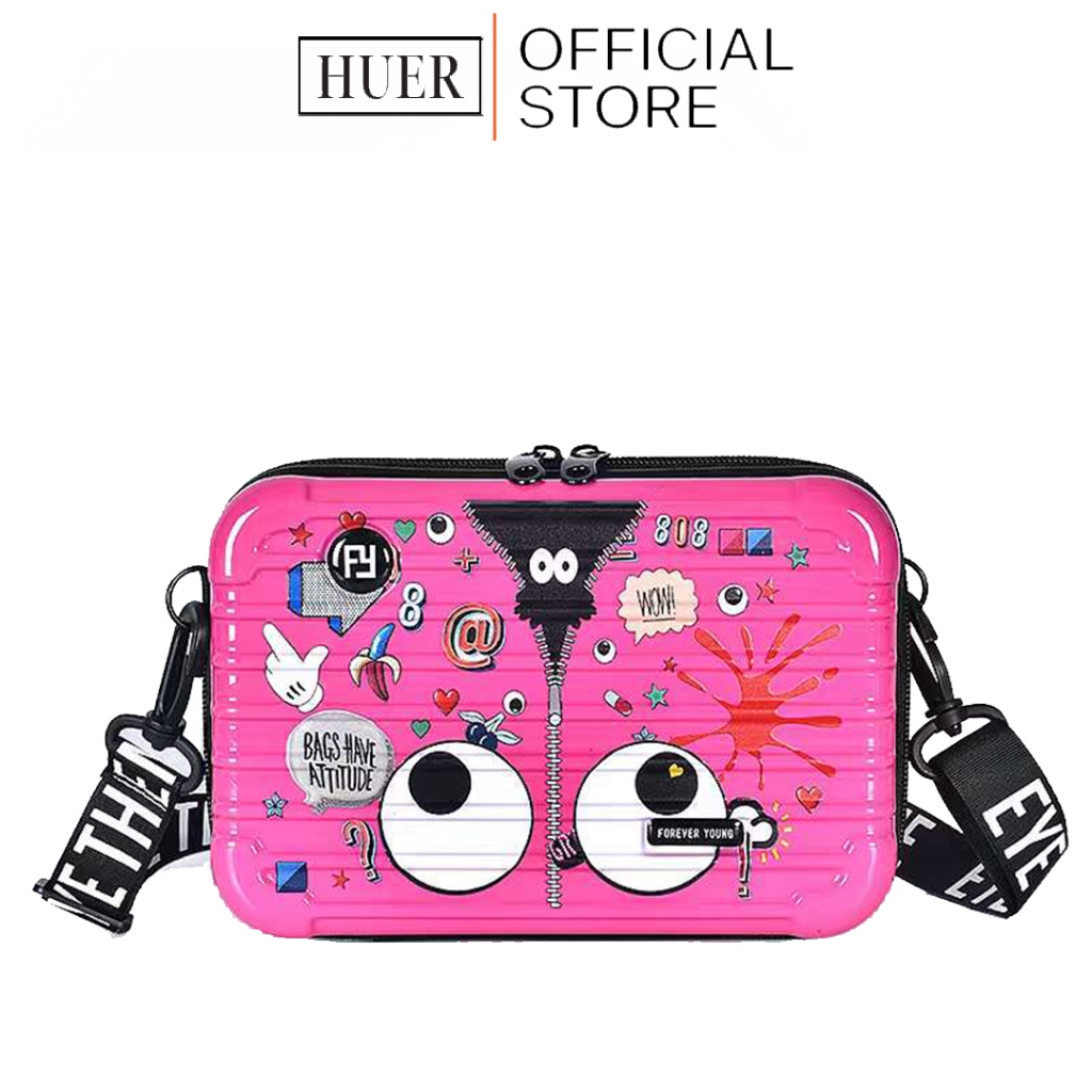 HUER ~ Tas Wanita Milwa Eye Theme Printed Suitcase Shape Sling Bag 9454-399Pink